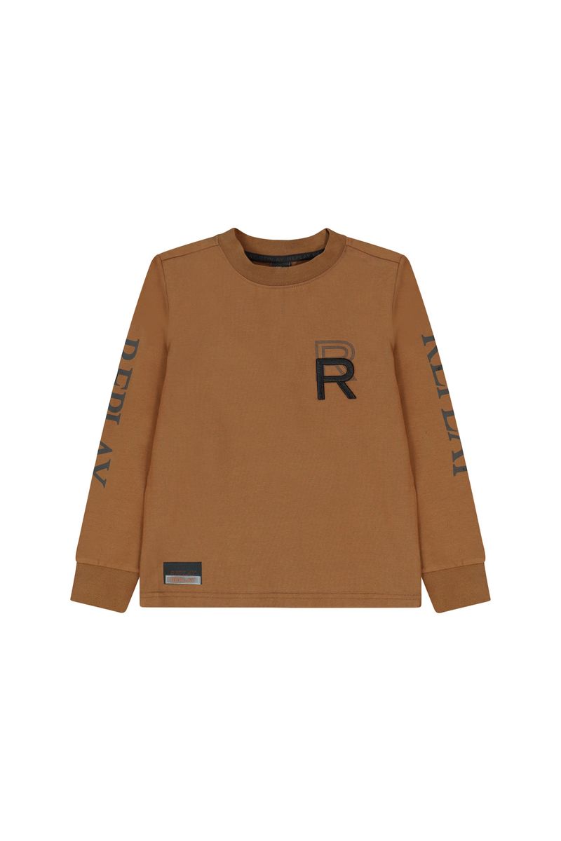 חולצת טישרט REPLAY לוגו מודפס באמצע ובשרוול לילדים BROWN / 4Y