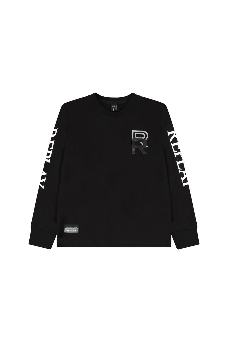 חולצת טישרט REPLAY לוגו מודפס באמצע ובשרוול לילדים BLACK / 4Y
