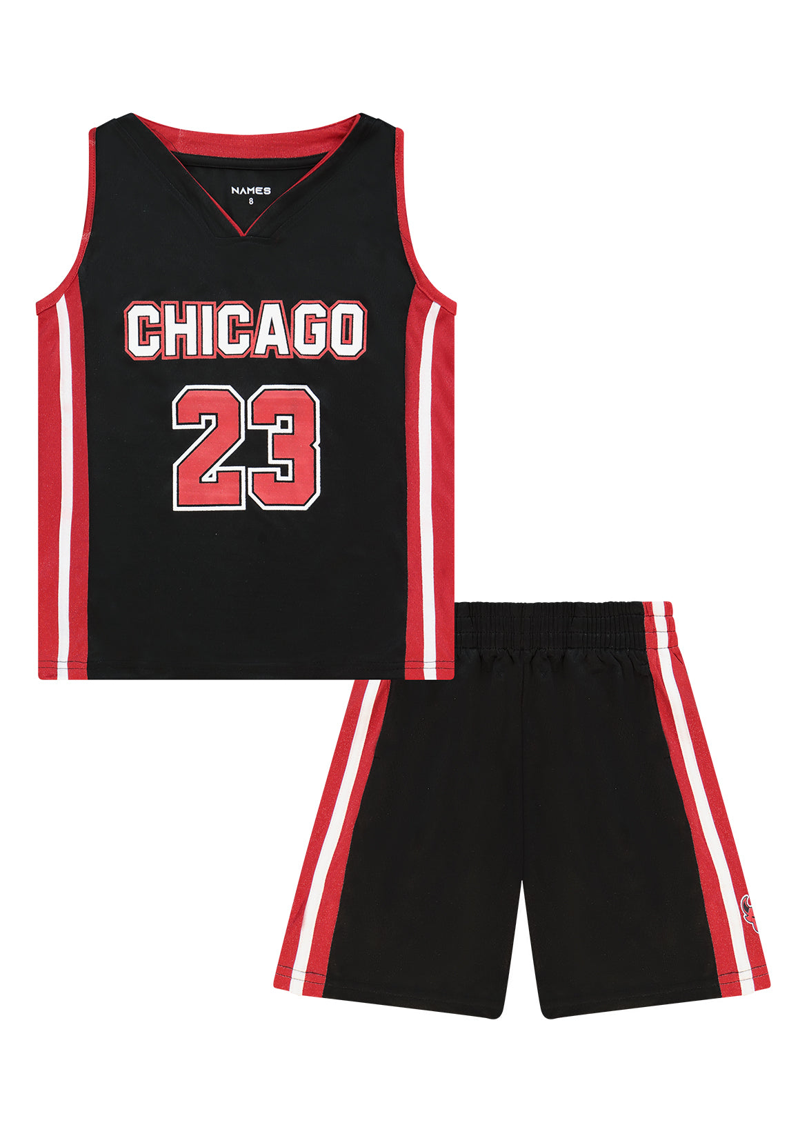 חליפת טריקו NAMES הדפס CHICAGO סמל שור ופסי צד אדומים לילדים BLACK / 2Y