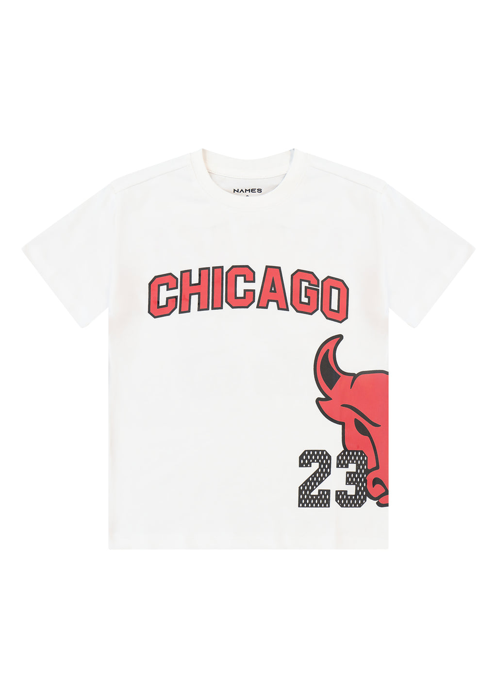 חולצת טישרט NAMES הדפס CHICAGO בולט וסמל שור קדמי לילדים WHITE / 2Y