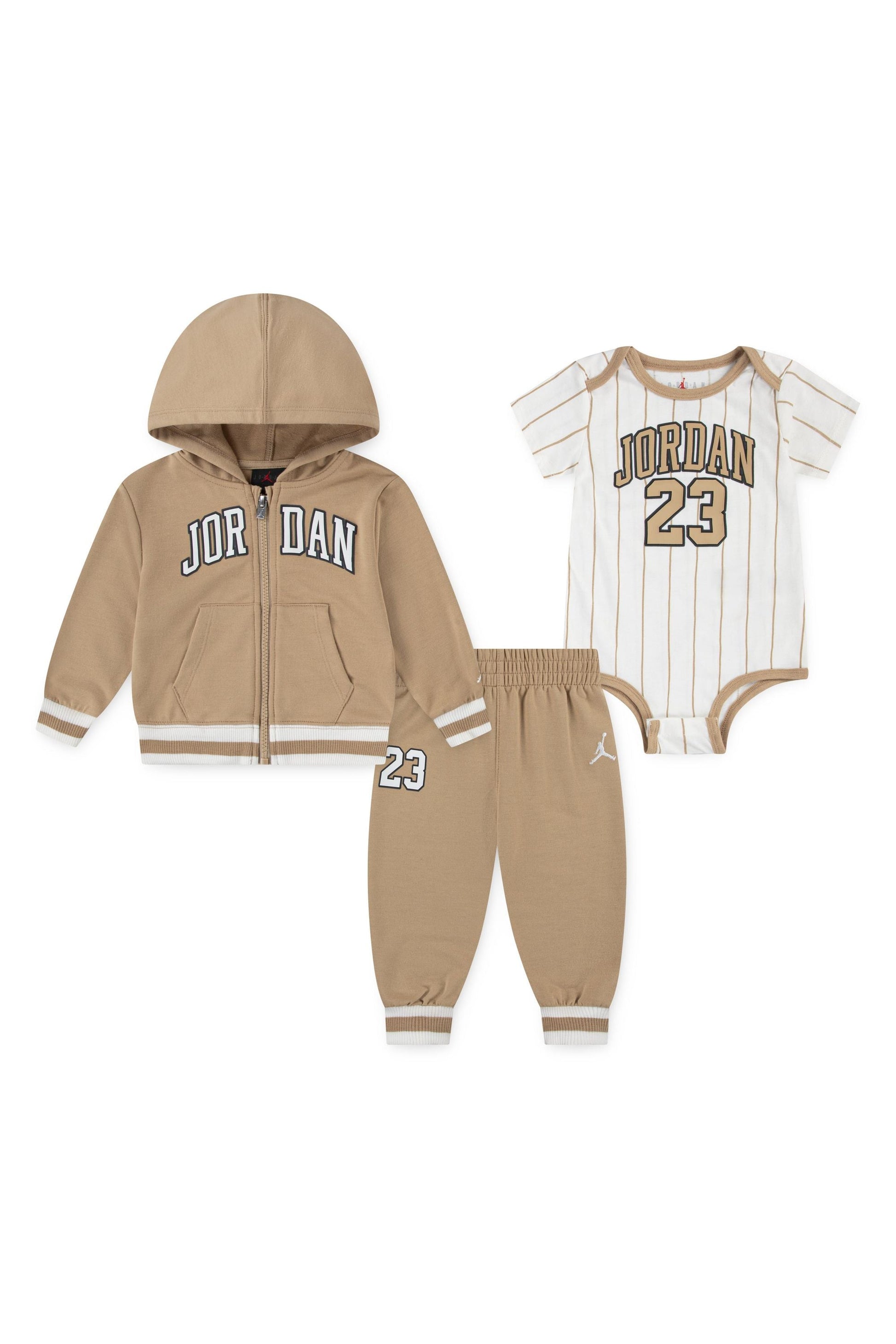 סט חליפת טרנינג JORDAN ובגד גוף עם פסים לתינוקות BEIGE / 12M