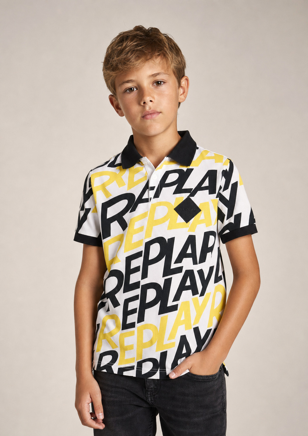 Replay boys yellow text polo front