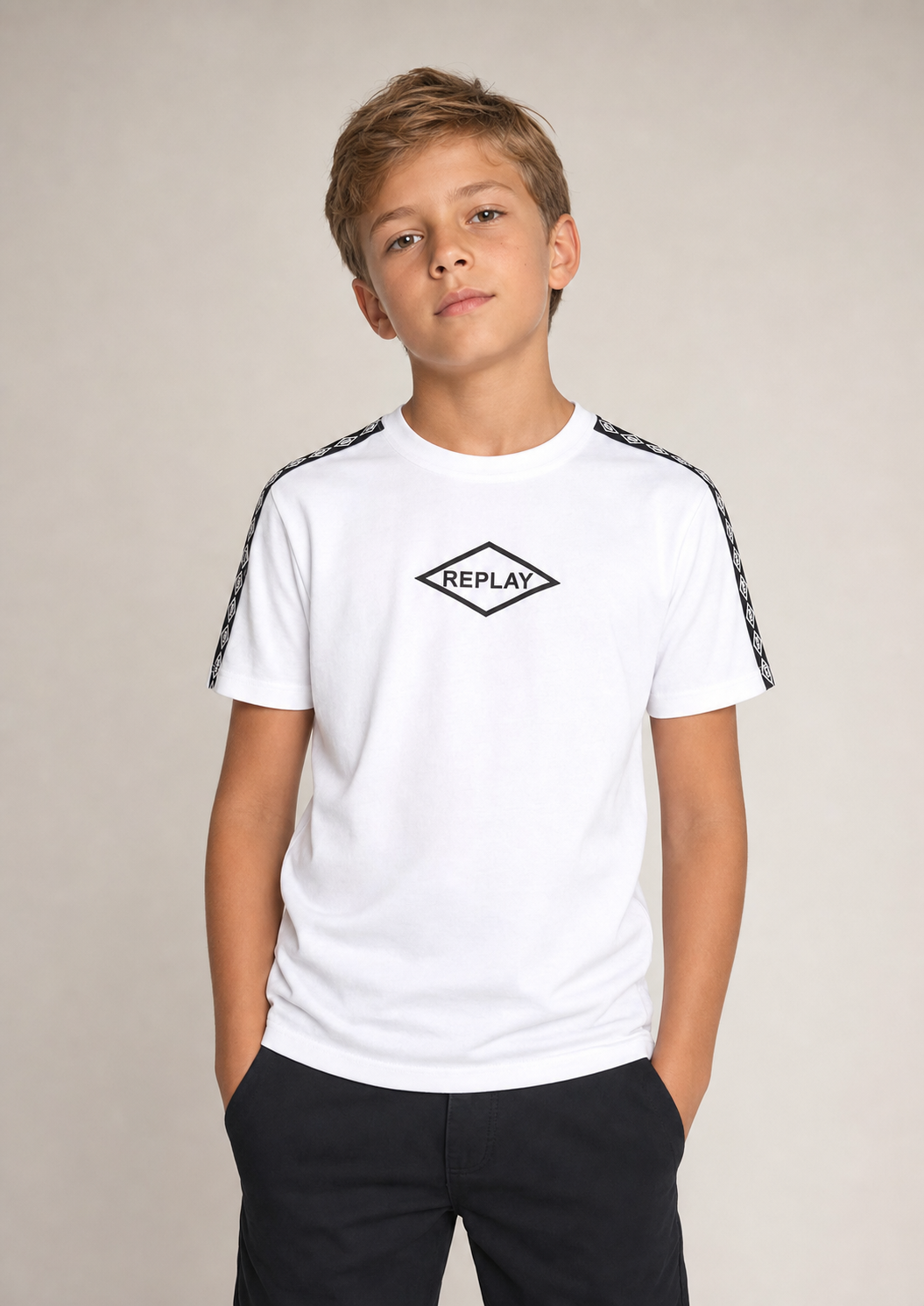 Replay boys white shoulder tape tee front