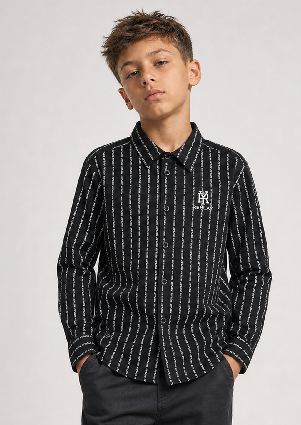 REPLAY boys black logo shirt front