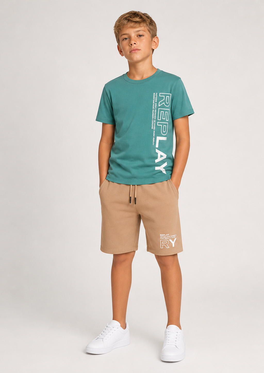 REPLAY boys teal camel set front