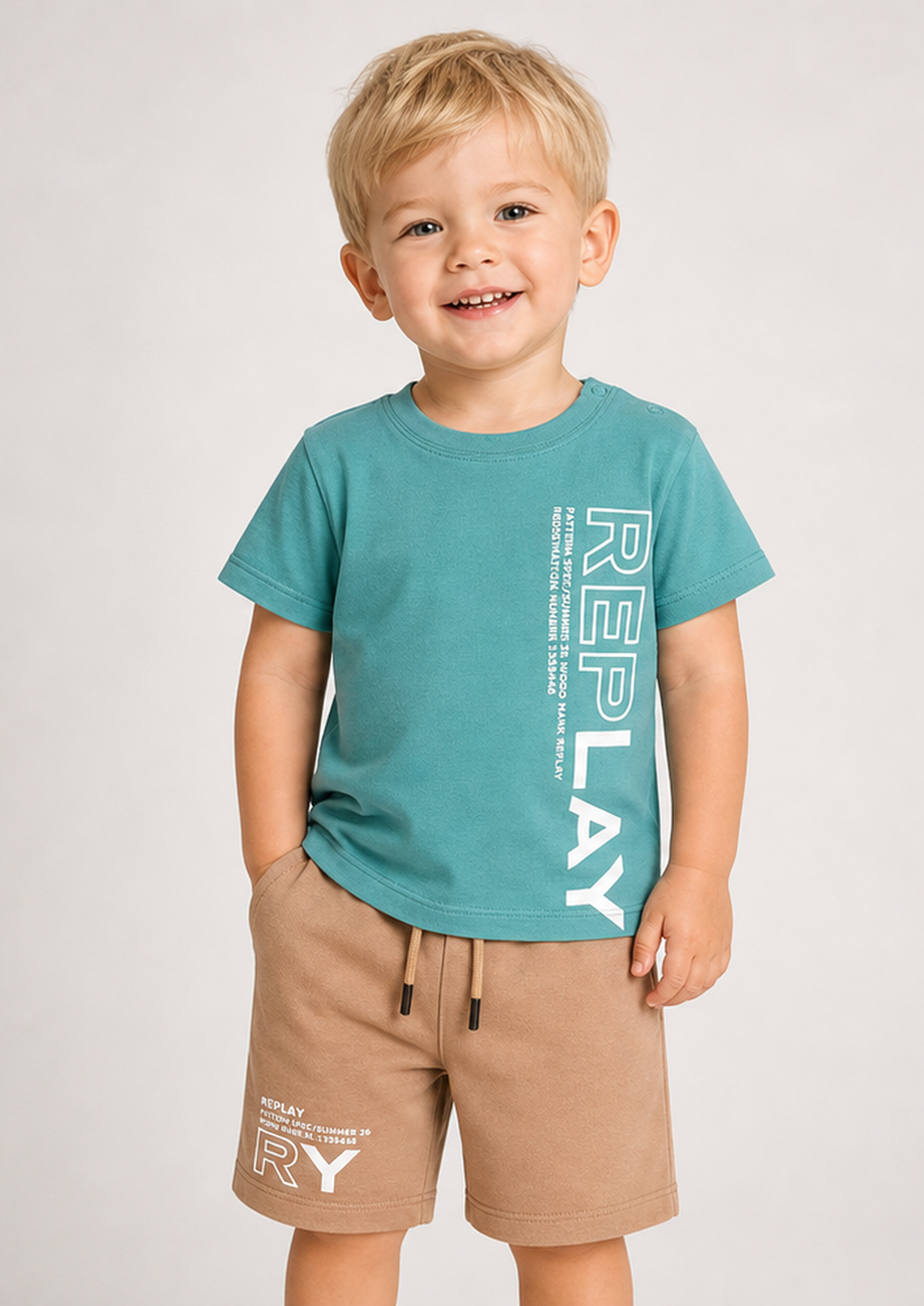 REPLAY baby boys turquoise camel set front