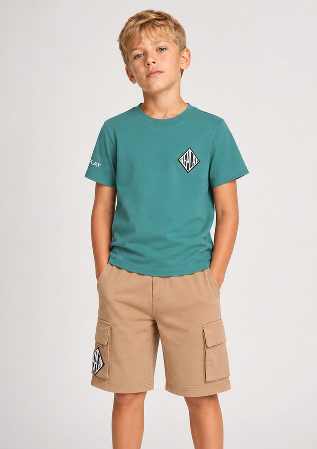 REPLAY boys turquoise camel cargo set front