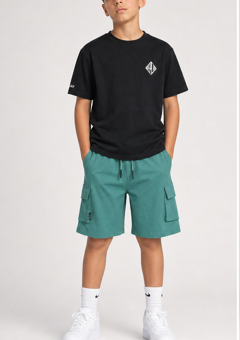 REPLAY boys black turquoise cargo set front