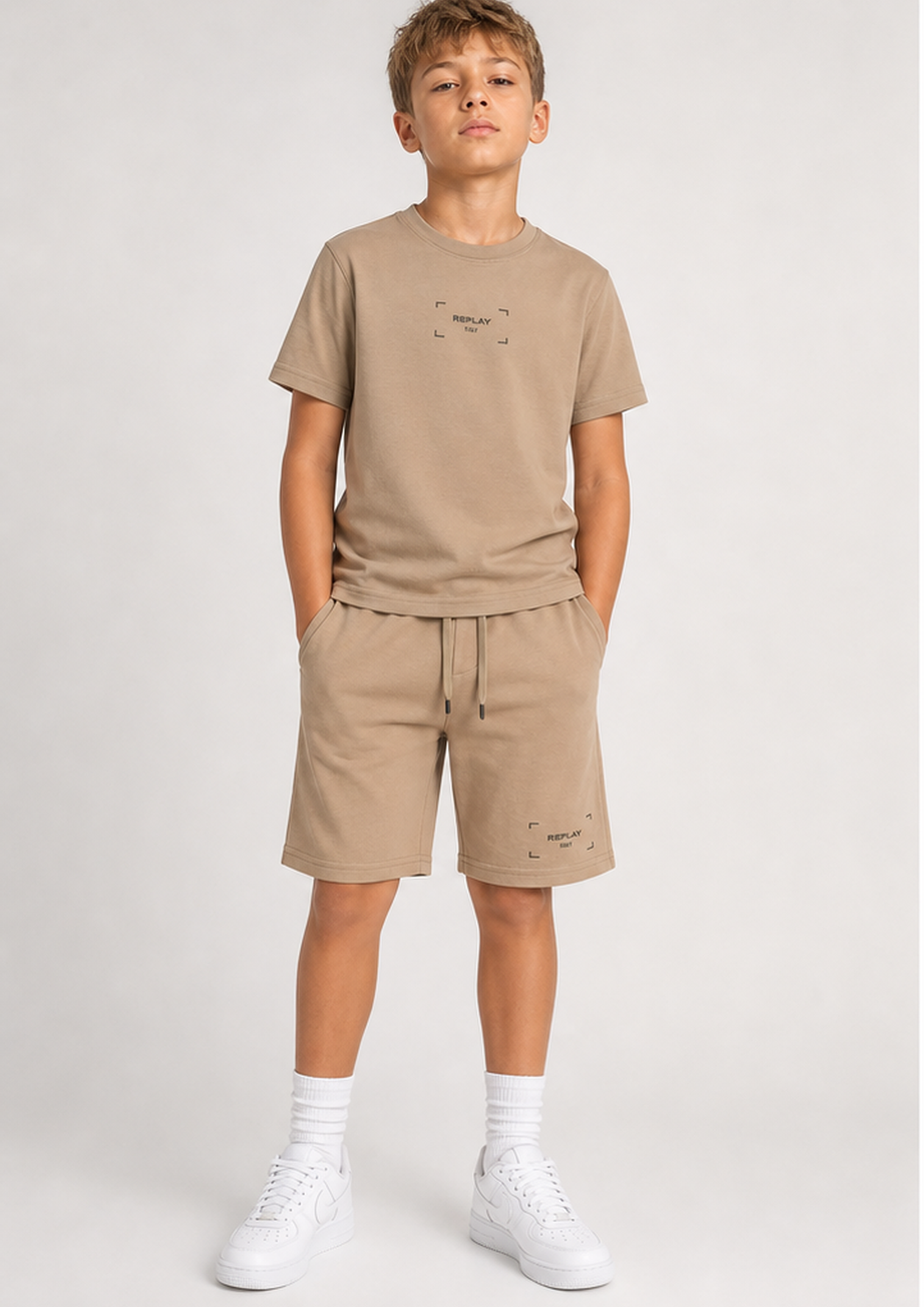 REPLAY boys taupe rply embroidered set front