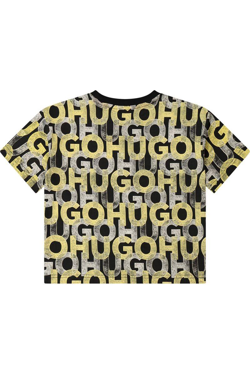 חולצת טישרט HUGO הדפס לוגו חוזר לילדים Black / 4Y
