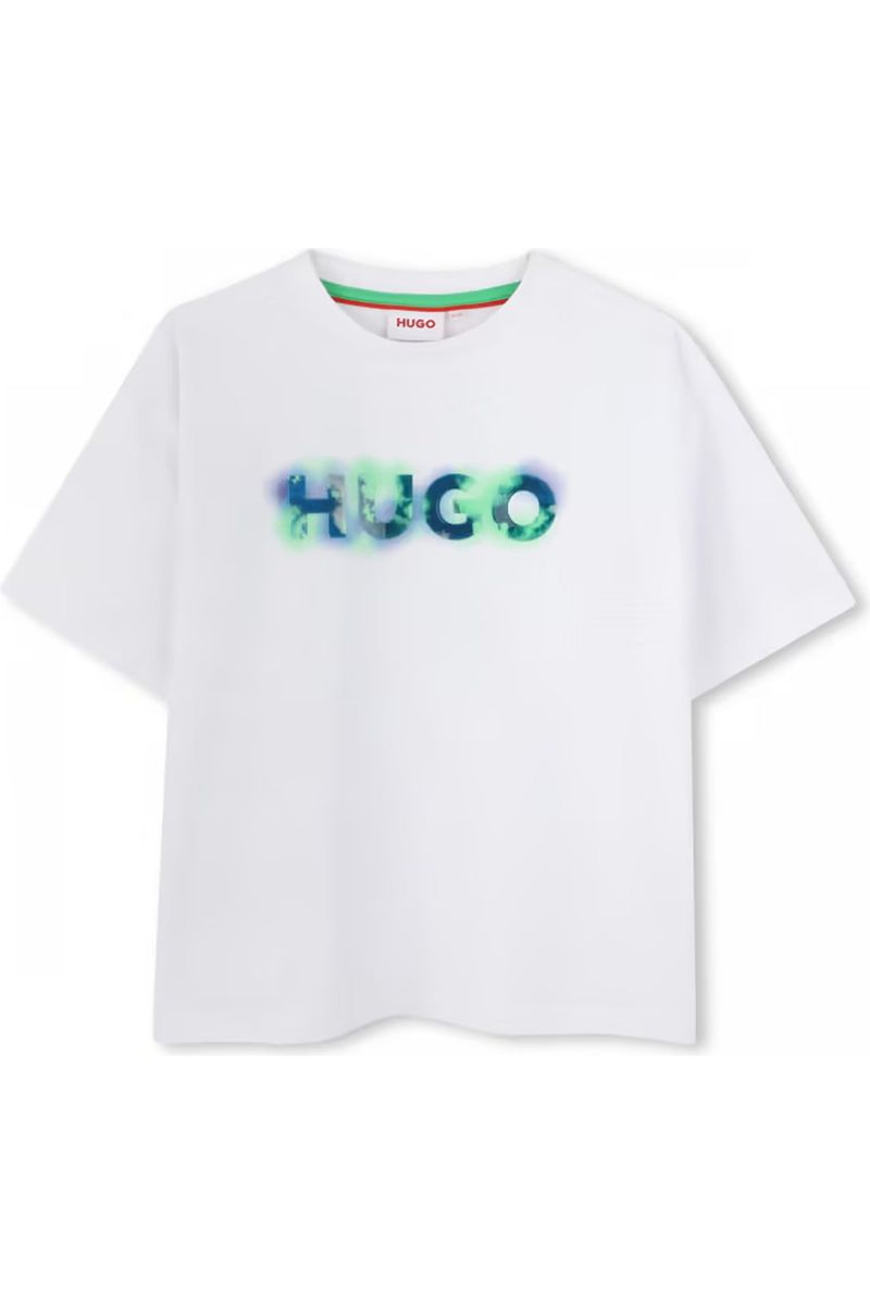 חולצת טישרט HUGO לבנה הדפס לוגו מטושטש לילדים