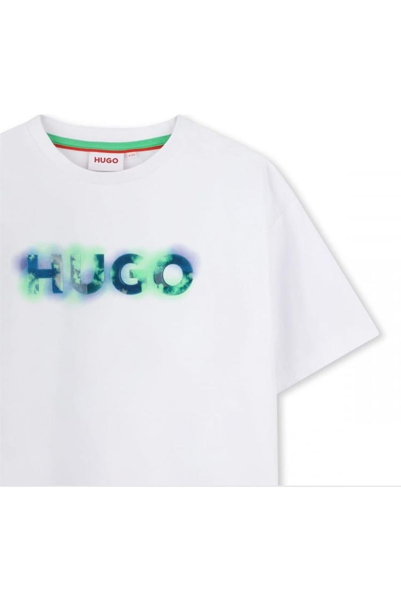 חולצת טישרט HUGO לבנה הדפס לוגו מטושטש לילדים