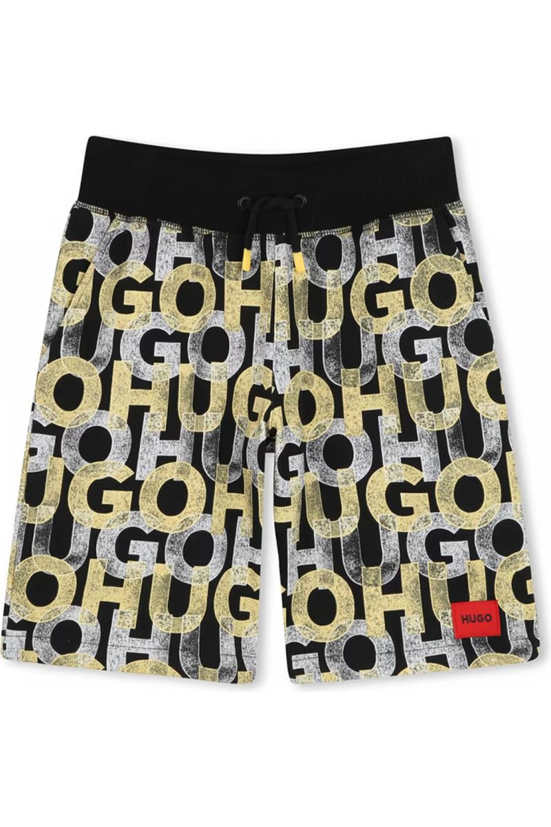 מכנסי ברמודה HUGO עם הדפס לוגו מלא לילדים