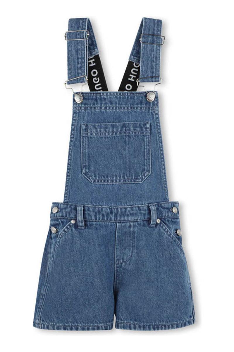 אוברול ג'ינס HUGO קצר עם כתפיות לוגו לילדות