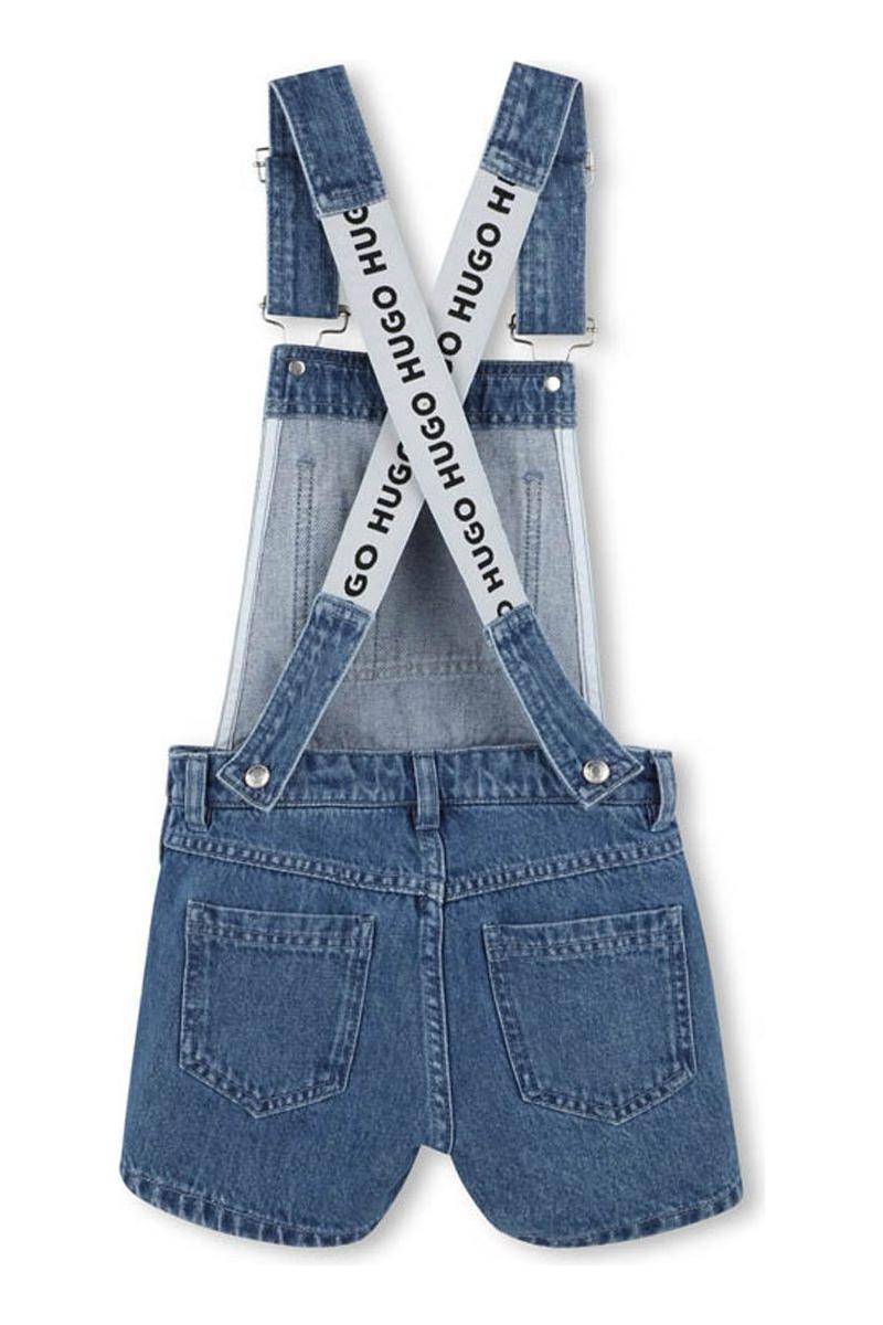 אוברול ג'ינס HUGO קצר עם כתפיות לוגו לילדות