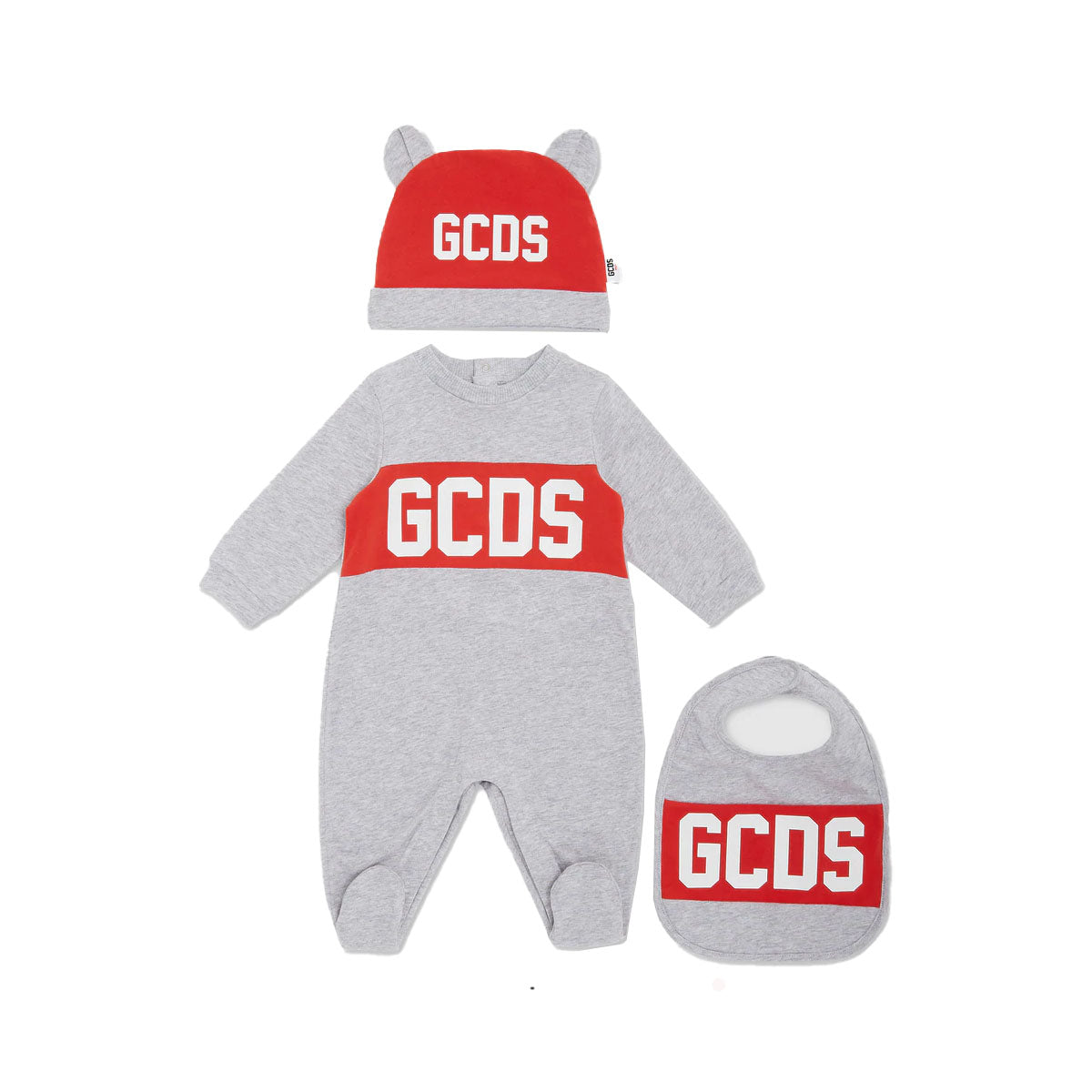 מארז NB אוברול+סינר+כובע GCDS ממותג לתינוקות
