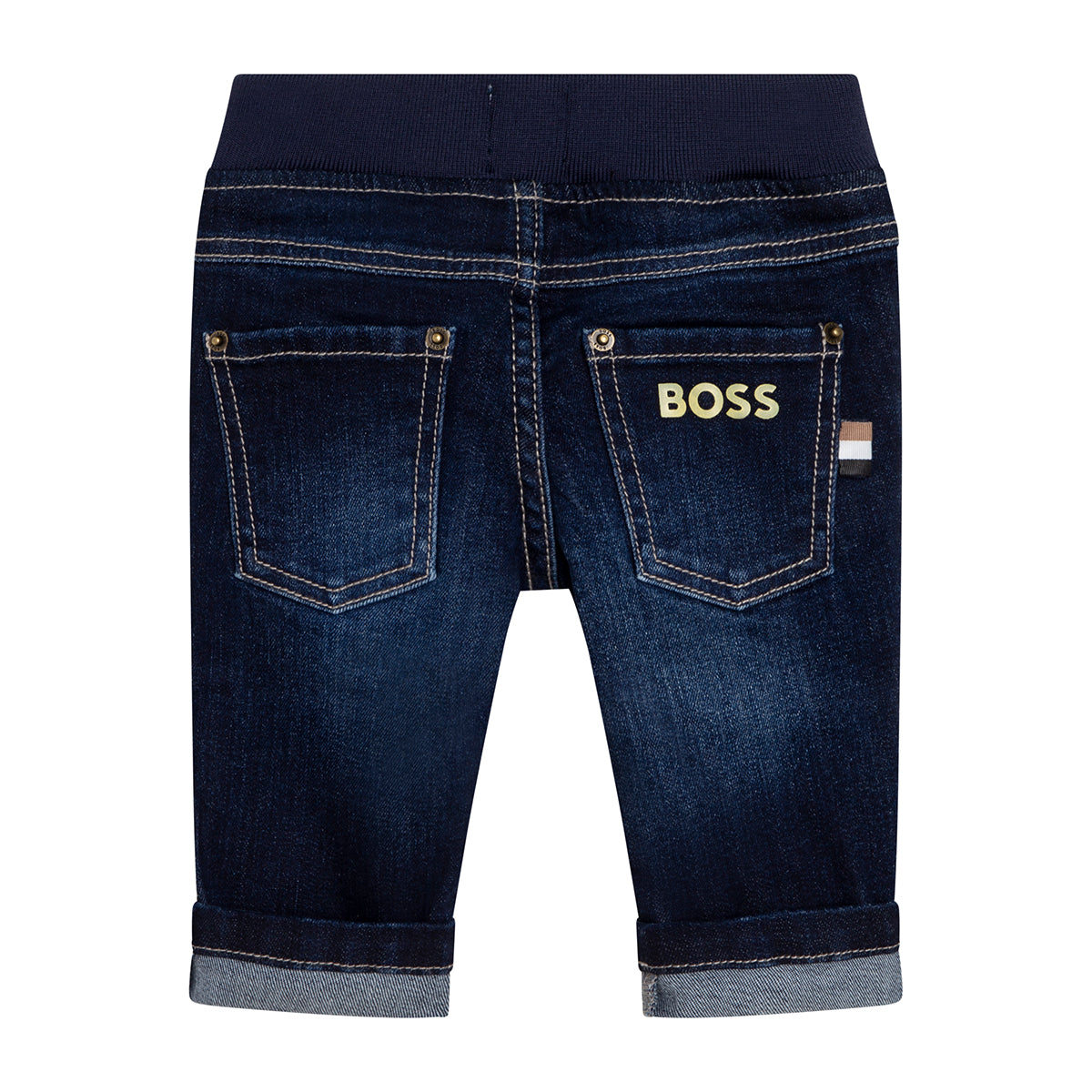 מכנסי ג'ינס BOSS ESSENTIEL 1 לוגו אחורי צהוב לתינוקות