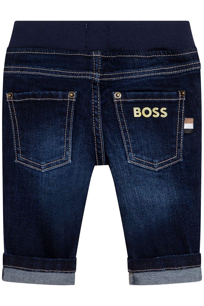 מכנסי ג'ינס BOSS ESSENTIEL 1 לוגו אחורי צהוב לתינוקות
