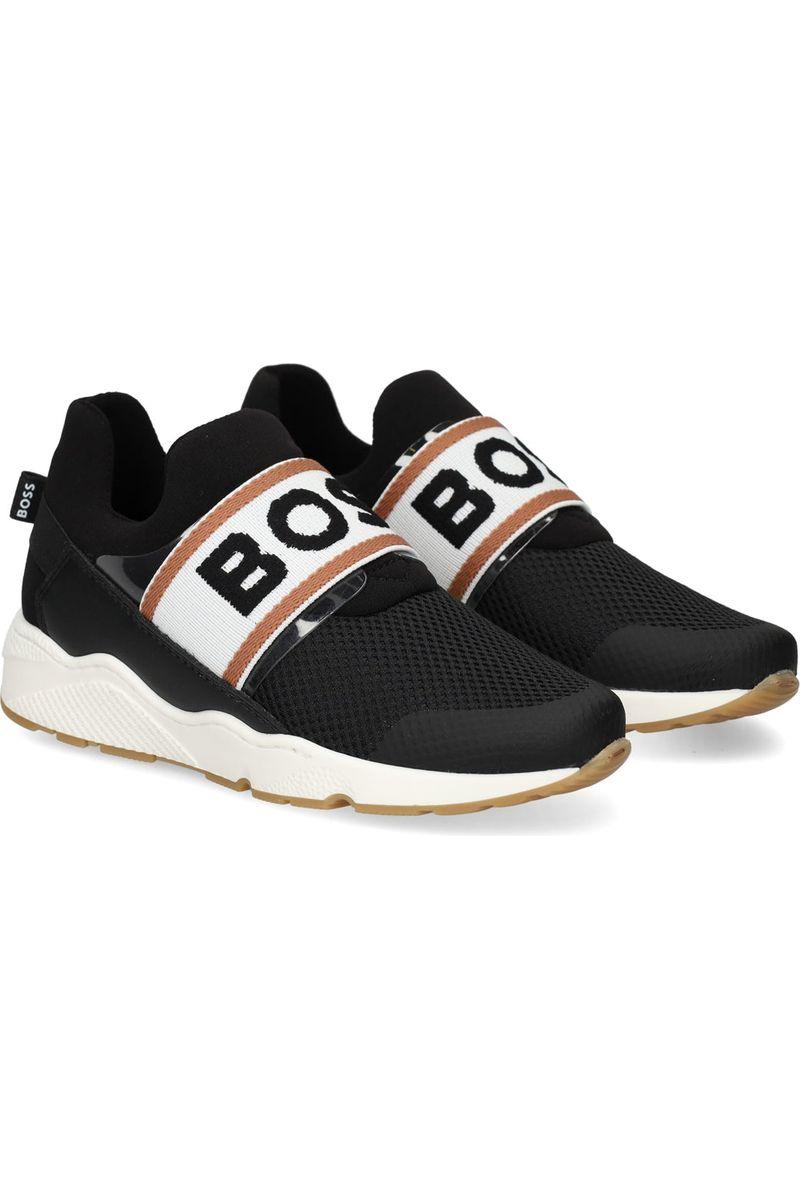 נעלי BOSS אלסטיות שחורות עם רצועה ממותגת לילדים