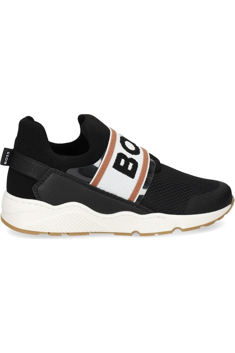 נעלי BOSS אלסטיות שחורות עם רצועה ממותגת לילדים