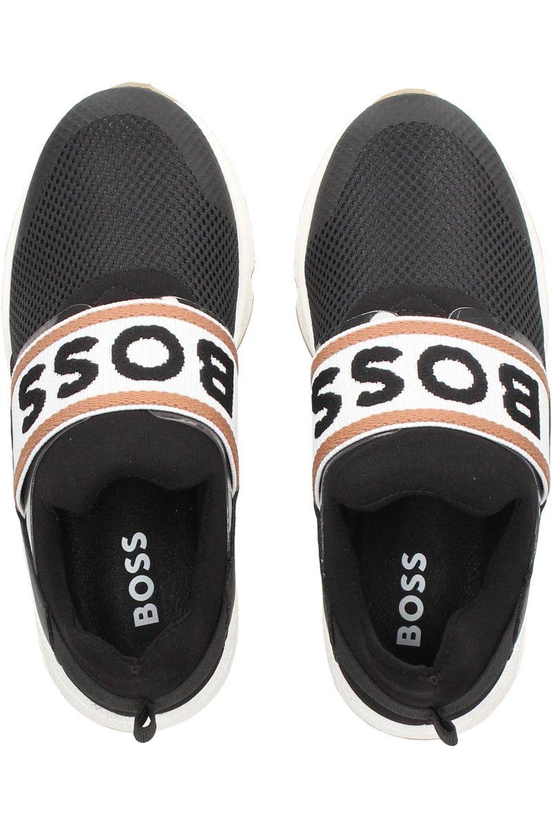 נעלי BOSS אלסטיות שחורות עם רצועה ממותגת לילדים