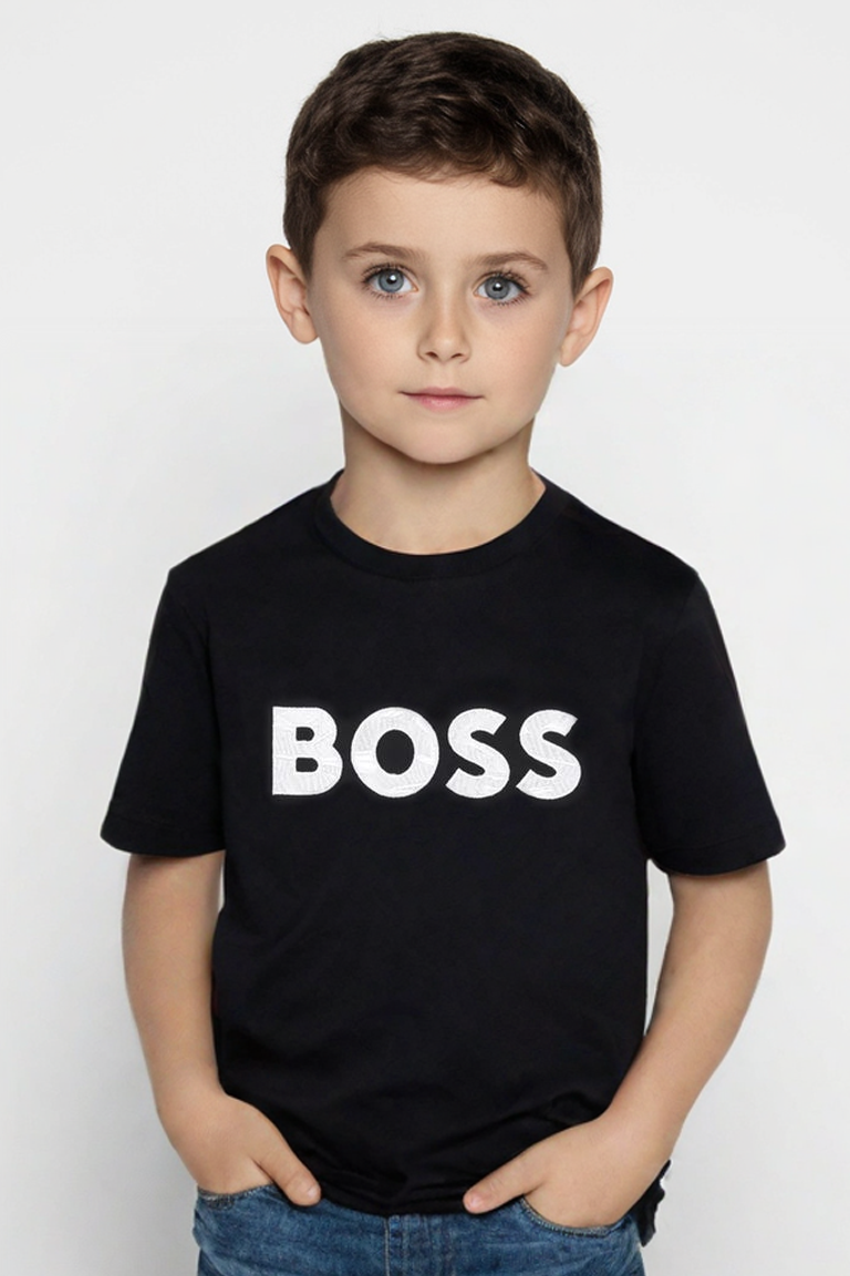 חולצת טישירט BOSS הדפס לוגו מותג באמצע לילדים Black / 4Y