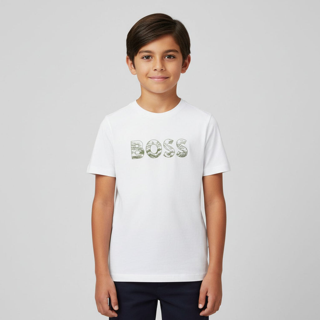 חולצת BOSS לוגו באמצע WHITE / 4Y