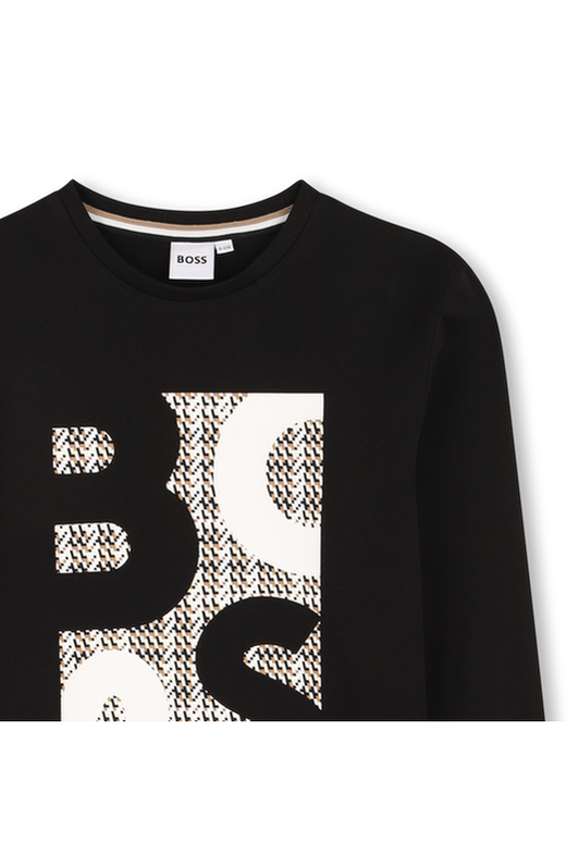 סווטשירט BOSS לוגו גדול טקסטורה באמצע BLACK / 4Y