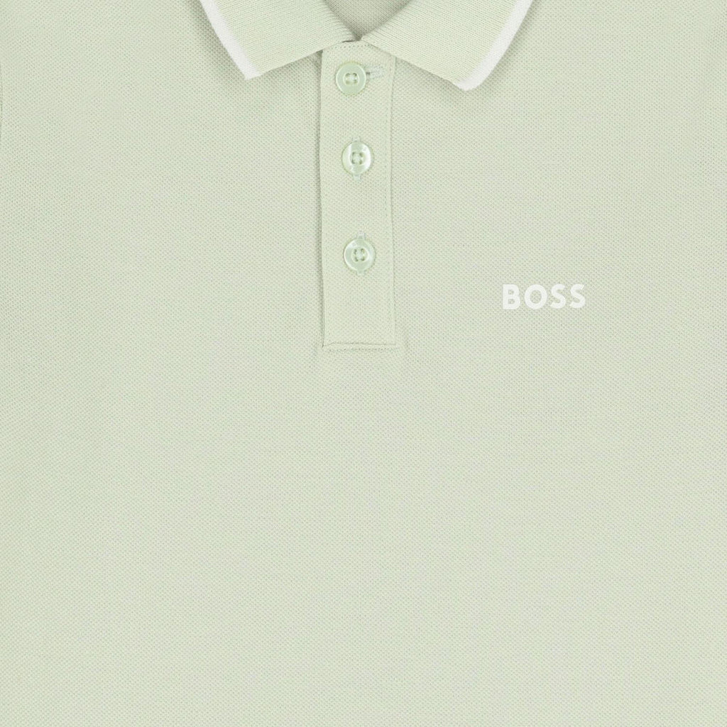 חולצת צווארון BOSS פס לוגו רחב בחזית לילדים Green / 4Y