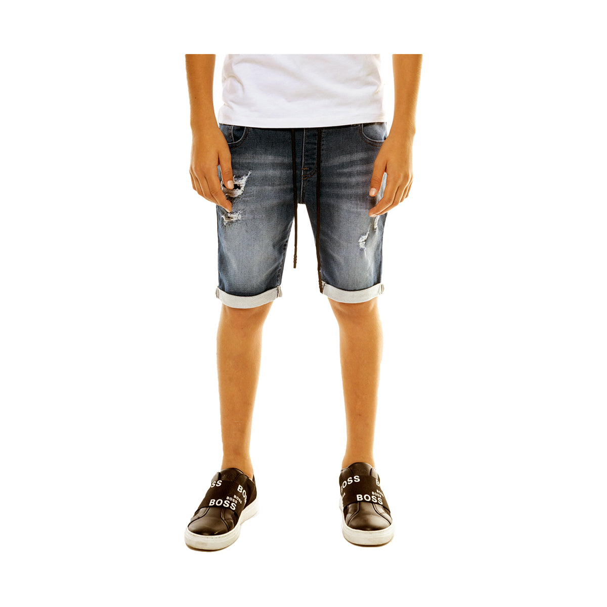מכנסי ג'ינס קצר משופשפים עם קרעים ושרוכים ORO בנים