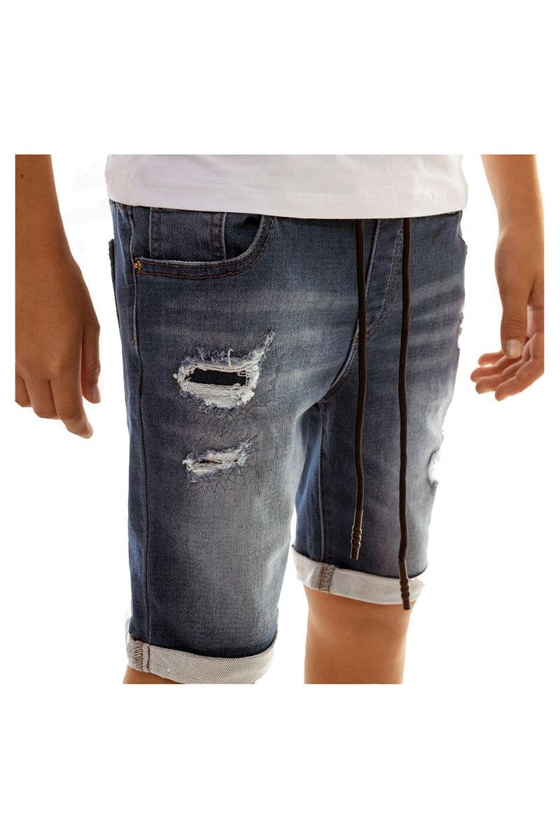 מכנסי ג'ינס קצר משופשפים עם קרעים ושרוכים ORO בנים