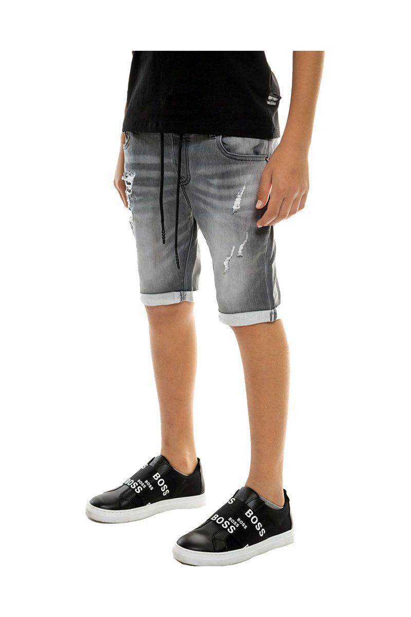 מכנסי ג'ינס קצר משופשפים עם קרעים ושרוכים ORO בנים