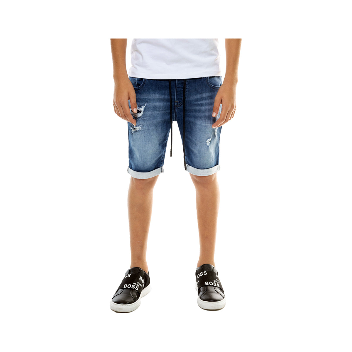 מכנסי ג'ינס קצר משופשפים עם קרעים ושרוכים ORO לילדים