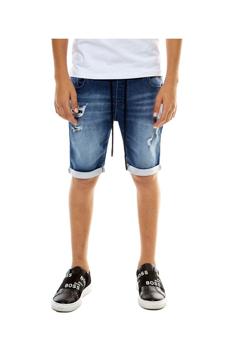 מכנסי ג'ינס קצר משופשפים עם קרעים ושרוכים ORO לילדים