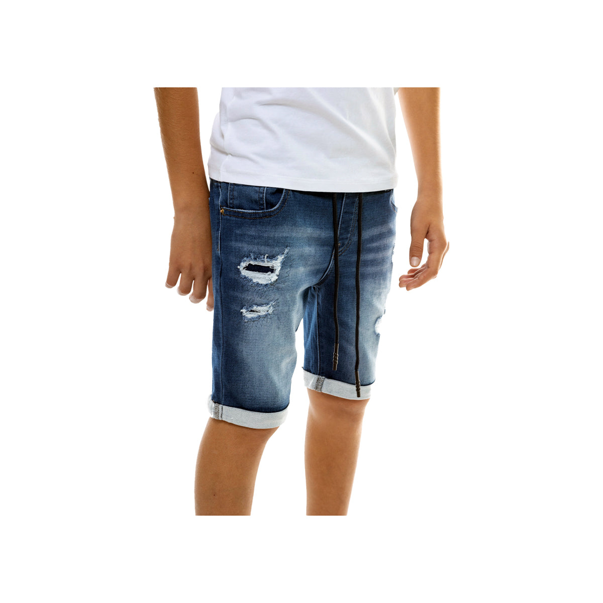 מכנסי ג'ינס קצר משופשפים עם קרעים ושרוכים ORO לילדים