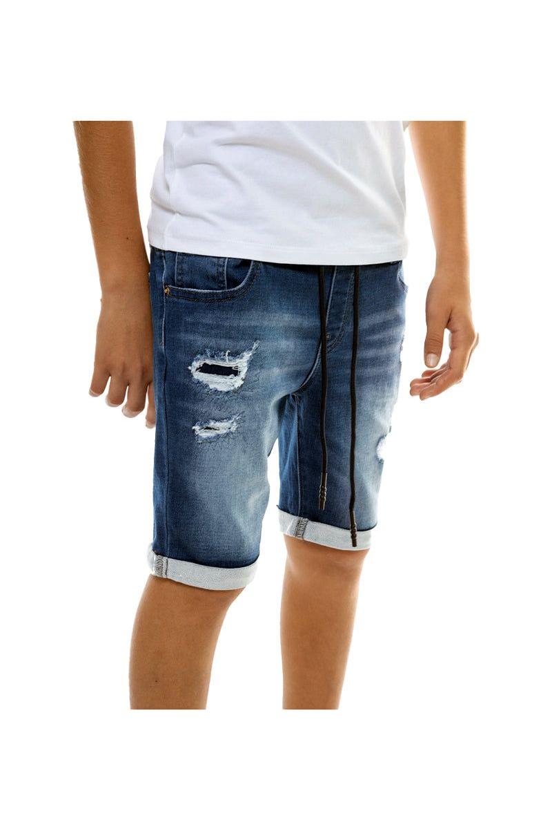 מכנסי ג'ינס קצר משופשפים עם קרעים ושרוכים ORO לילדים