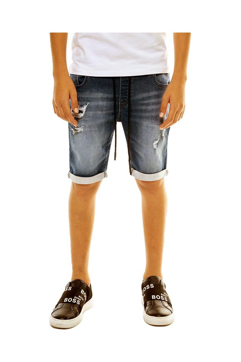 מכנסי ג'ינס קצר משופשפים עם קרעים ושרוכים ORO בנים