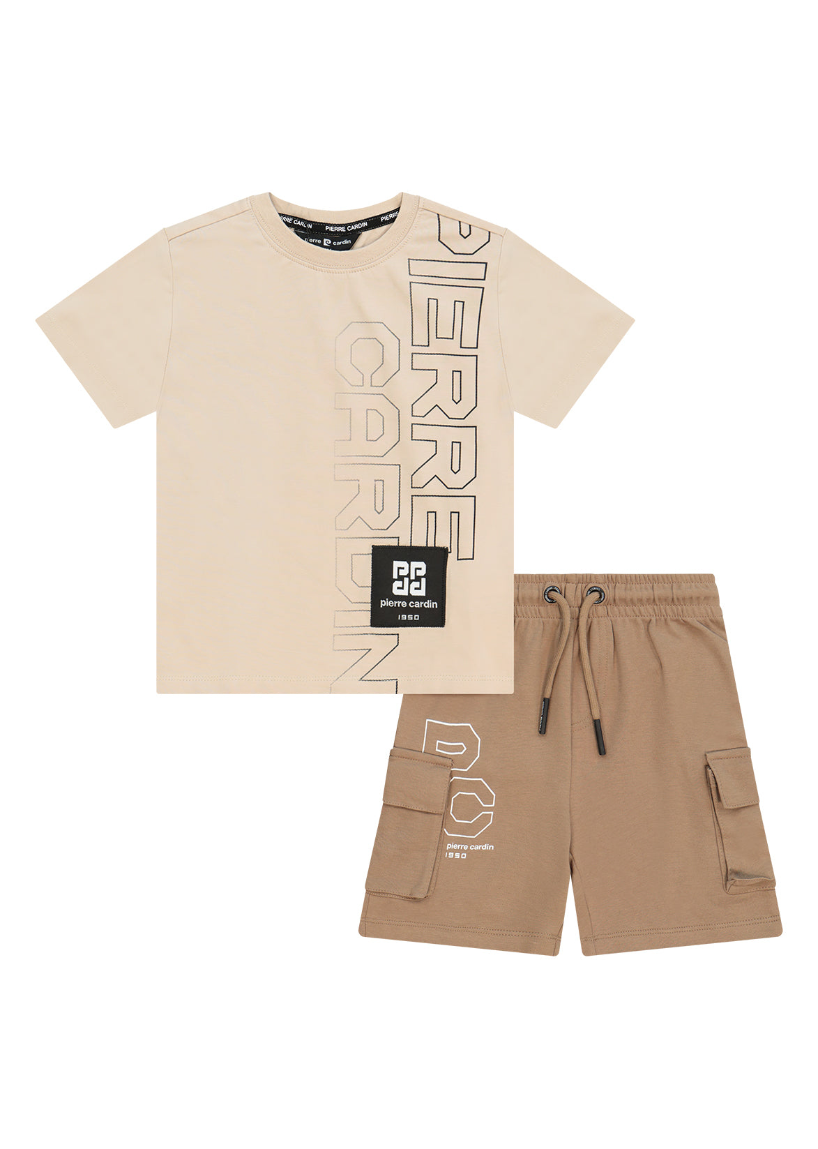 חליפת טריקו PIERRE CARDIN עם מיתוג אנכי גדול לאורך החולצה והמכנס לילדים BEIGE / 4Y
