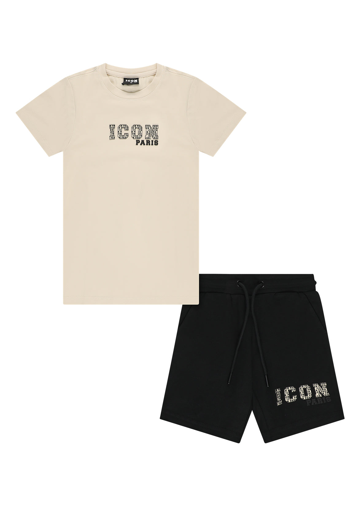 חליפת טישרט ומכנסי ברמודה ICON PARIS עם הדפס לוגו טקסטורלי לילדים Multi / 2Y