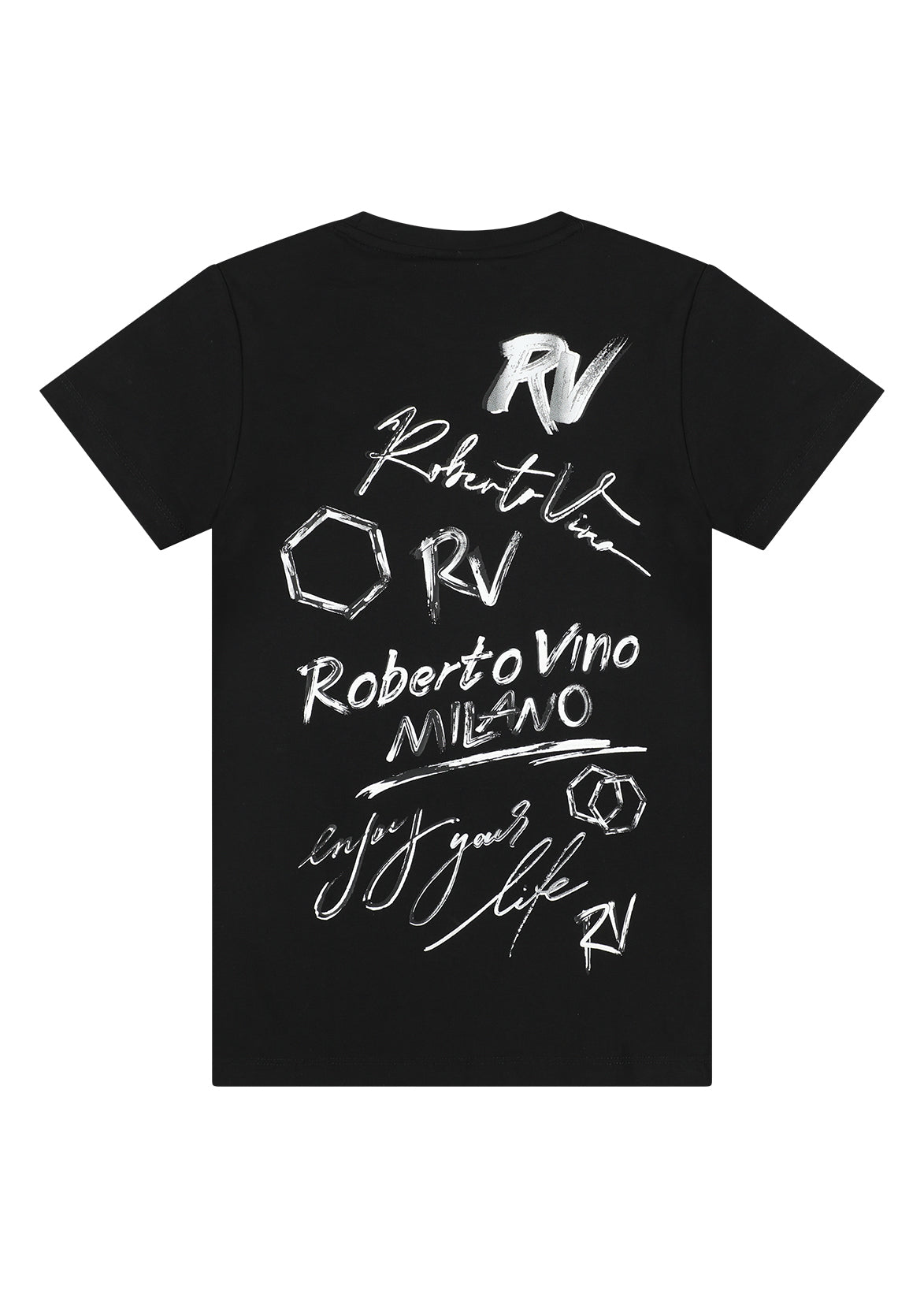 חולצת טישרט ROBERTO VINO הדפס גרפי בחזית וכיתוב דקורטיבי לילדים BLACK / 2Y