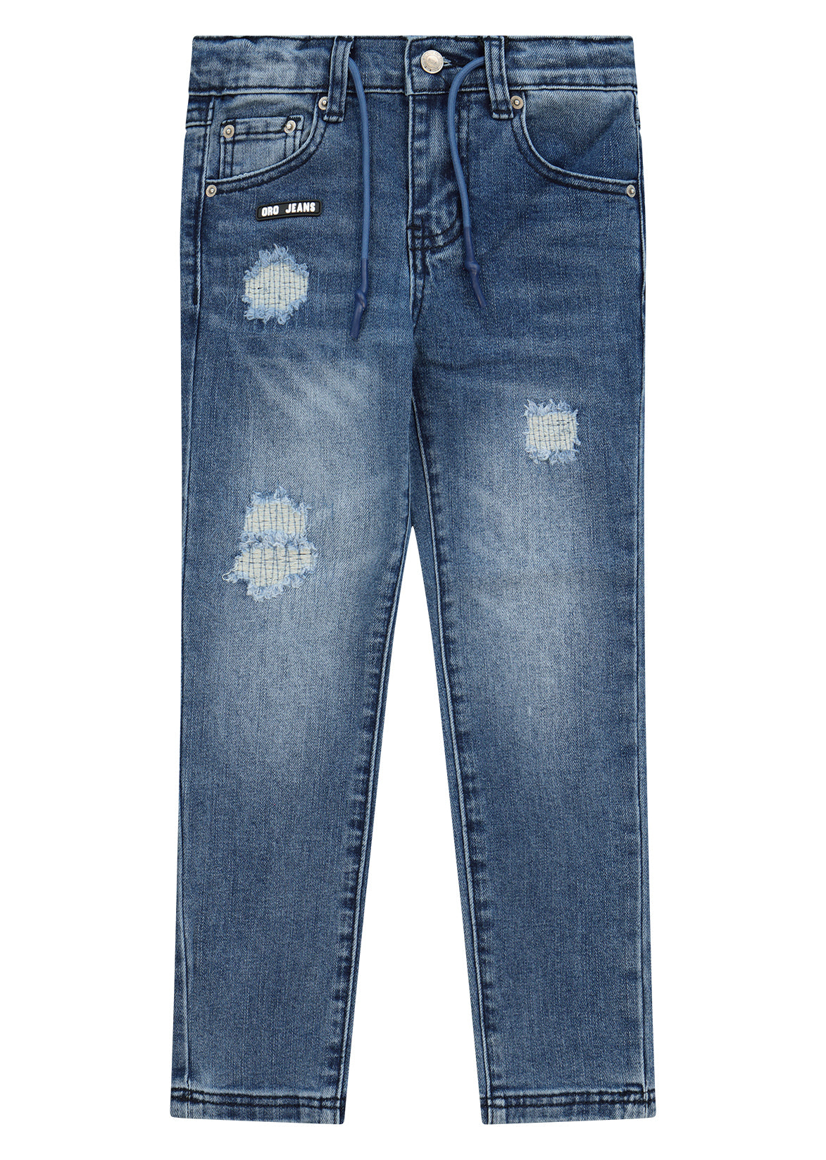 מכנסי ג'ינס ORO קרעים בברכיים ופאץ' לוגו גדול בכיס אחורי לילדים BLUE / 4Y