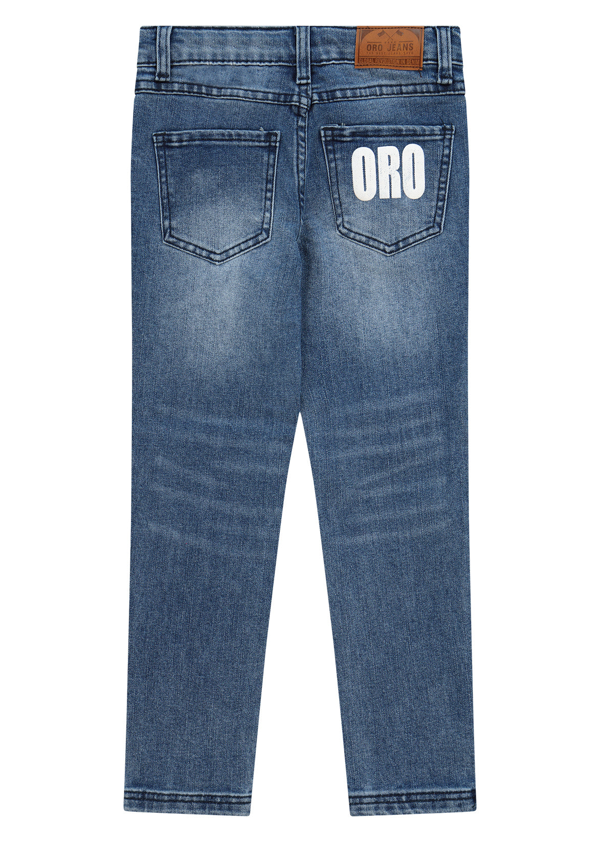 מכנסי ג'ינס ORO קרעים בברכיים ופאץ' לוגו גדול בכיס אחורי לילדים BLUE / 4Y