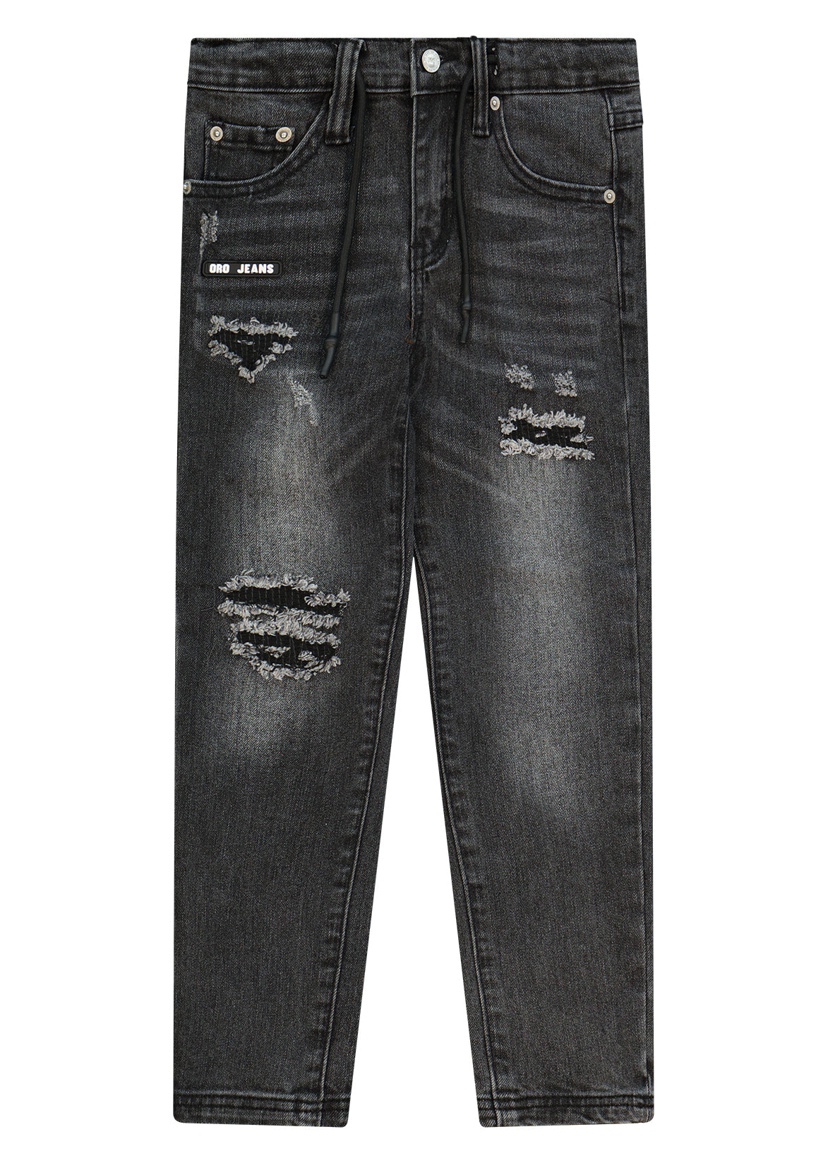 מכנסי ג'ינס ORO קרעים בברכיים ופאץ' לוגו גדול בכיס אחורי לילדים BLACK / 4Y