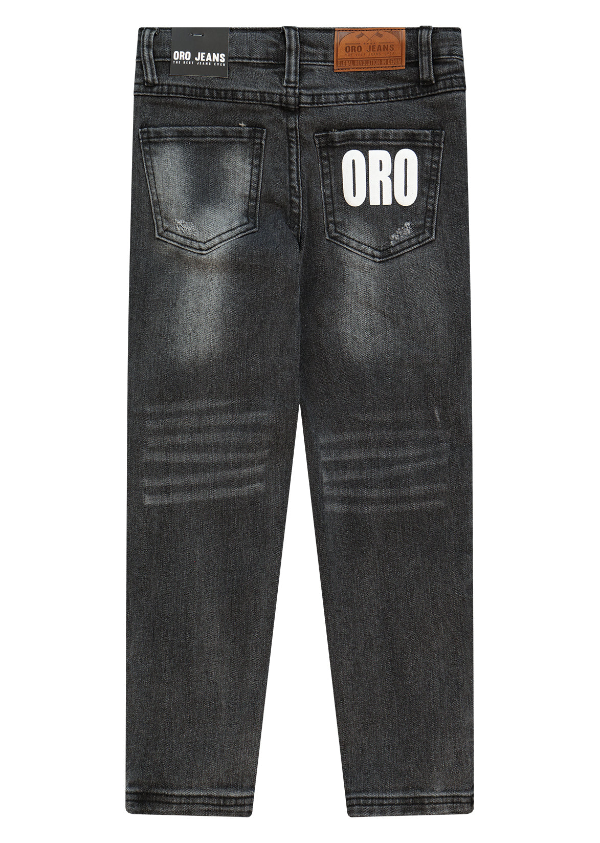 מכנסי ג'ינס ORO קרעים בברכיים ופאץ' לוגו גדול בכיס אחורי לילדים BLACK / 4Y