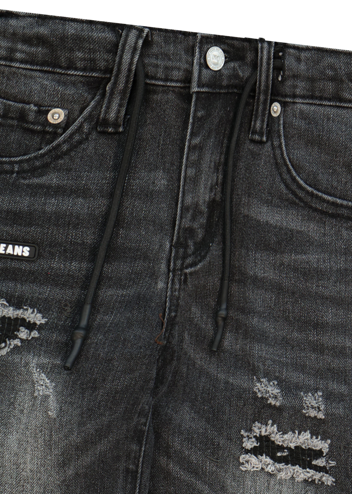 מכנסי ג'ינס ORO קרעים בברכיים ופאץ' לוגו גדול בכיס אחורי לילדים BLACK / 4Y