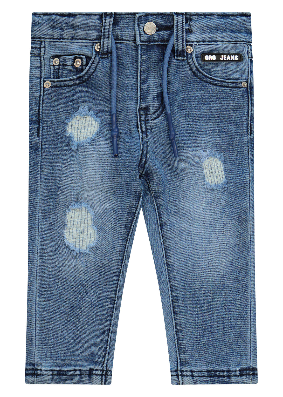 מכנסי ג'ינס ORO קרעים בברכיים ופאץ' לוגו גדול בכיס אחורי לתינוקות BLUE / 3-6M