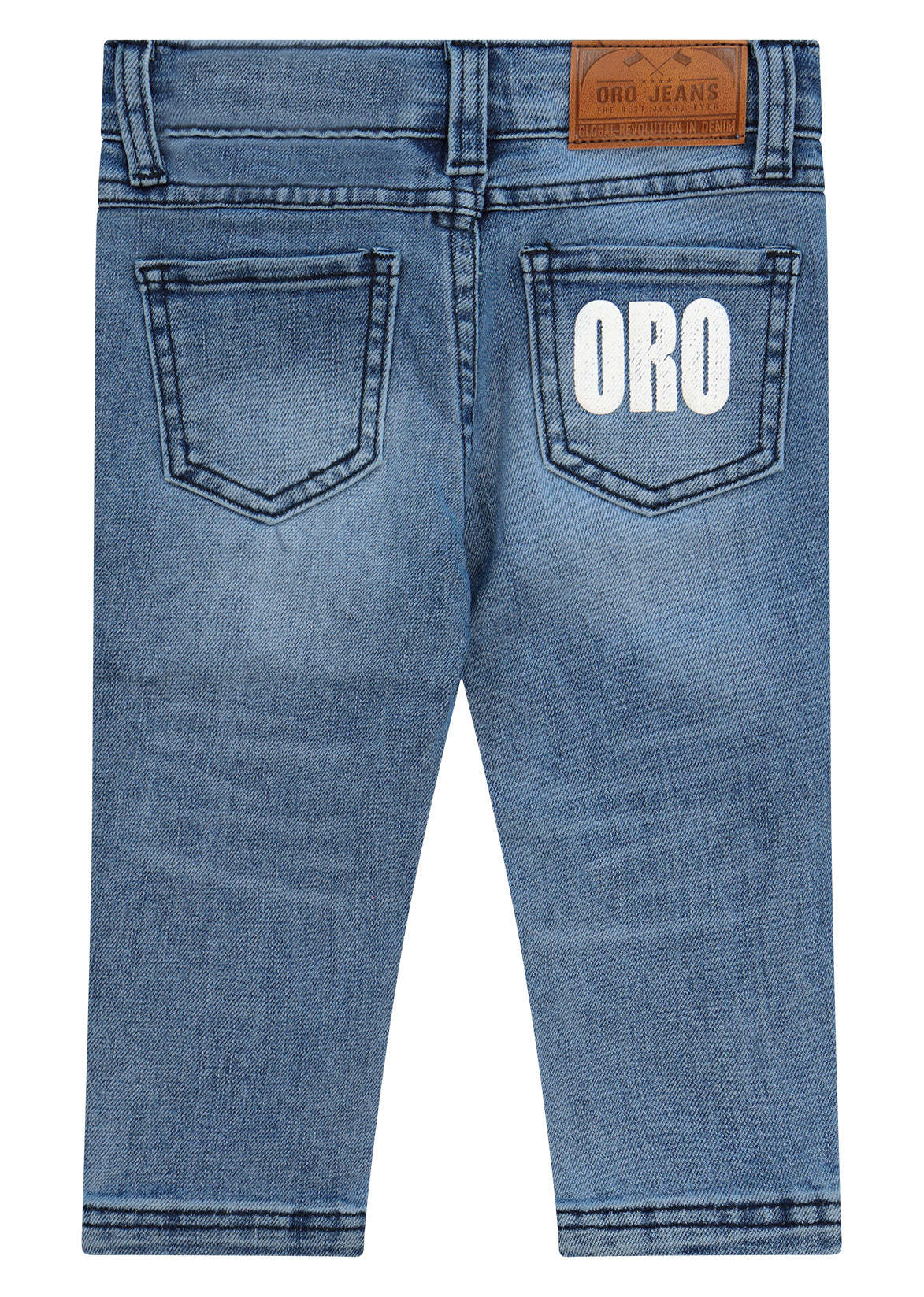 מכנסי ג'ינס ORO קרעים בברכיים ופאץ' לוגו גדול בכיס אחורי לתינוקות BLUE / 3-6M