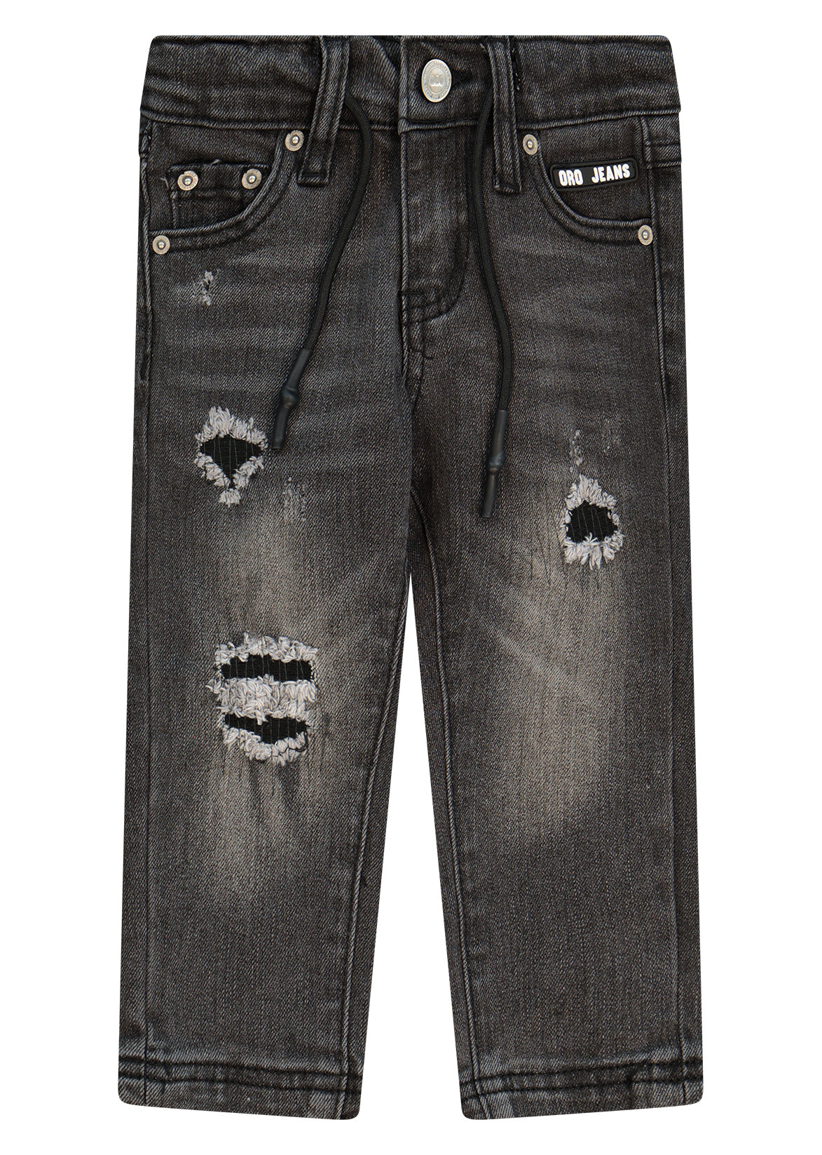 מכנסי ג'ינס ORO קרעים בברכיים ופאץ' לוגו גדול בכיס אחורי לתינוקות BLACK / 3-6M