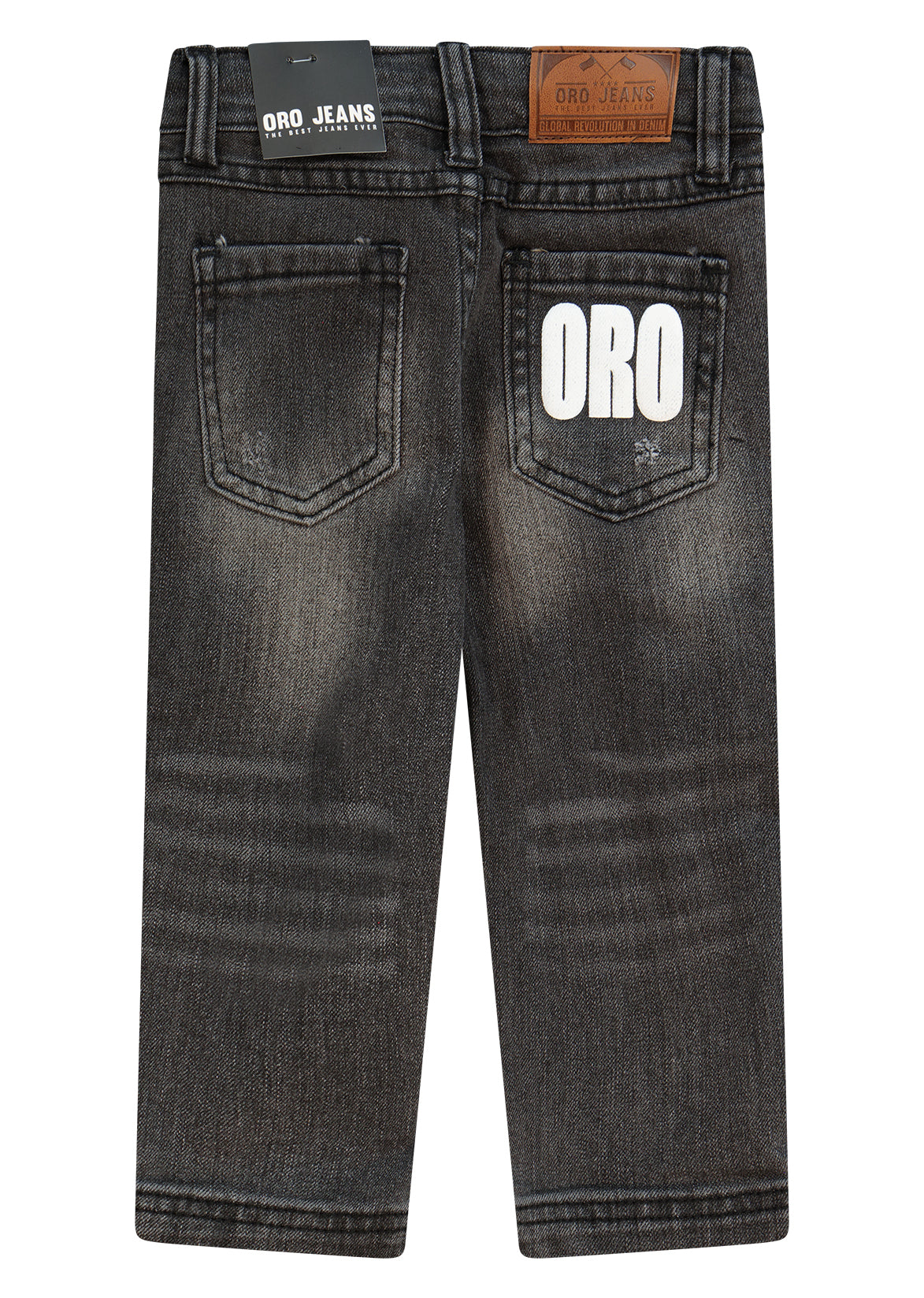 מכנסי ג'ינס ORO קרעים בברכיים ופאץ' לוגו גדול בכיס אחורי לתינוקות BLACK / 3-6M