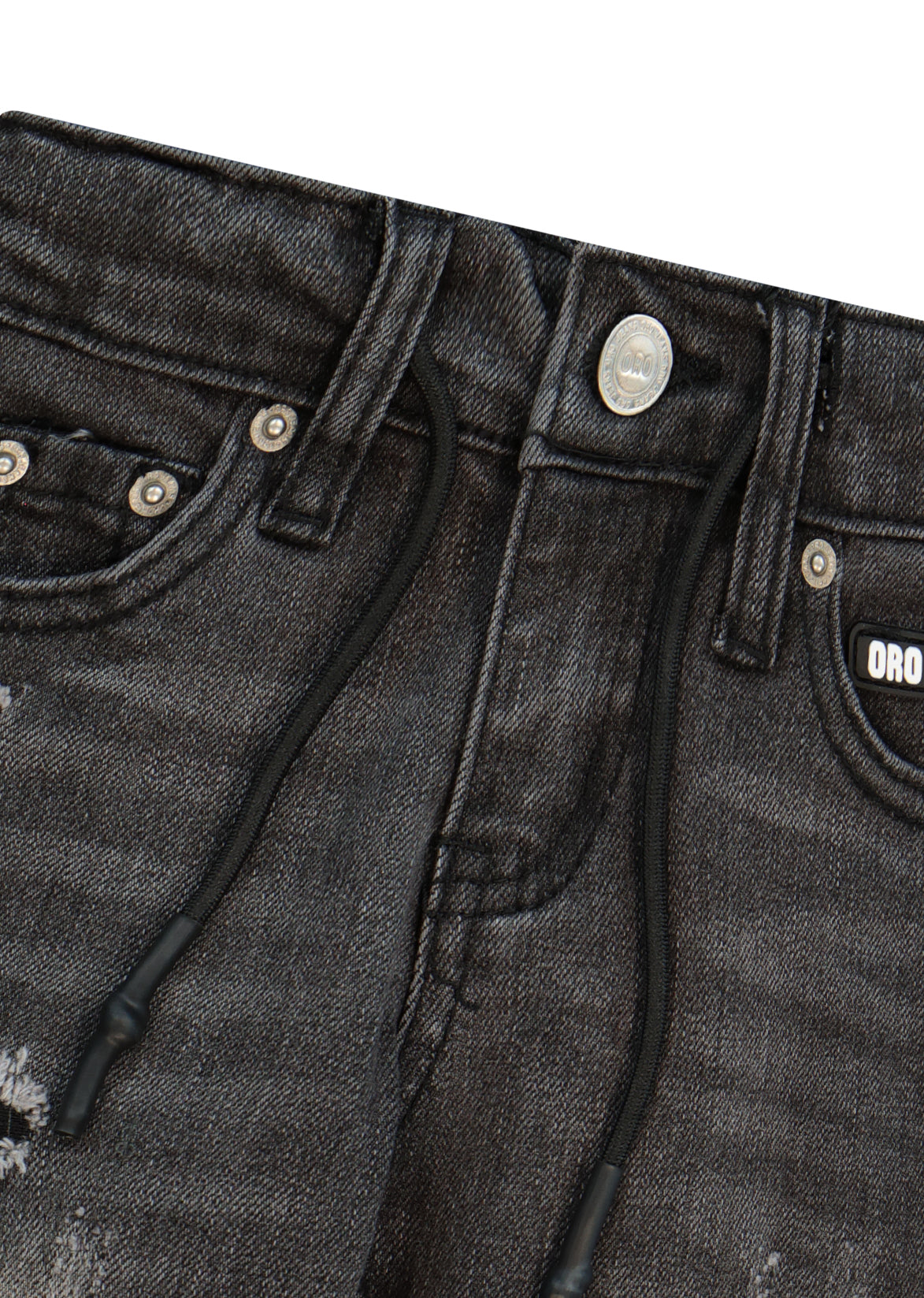 מכנסי ג'ינס ORO קרעים בברכיים ופאץ' לוגו גדול בכיס אחורי לתינוקות BLACK / 3-6M